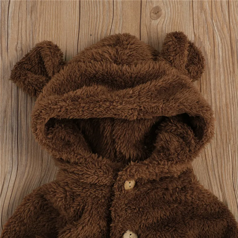 

Baby's Cute Plush Casual Solid Color Jumpsuit, Cartoon Ear Hat Long Sleeve Button One-piece, Daily Life, 0-24 Months