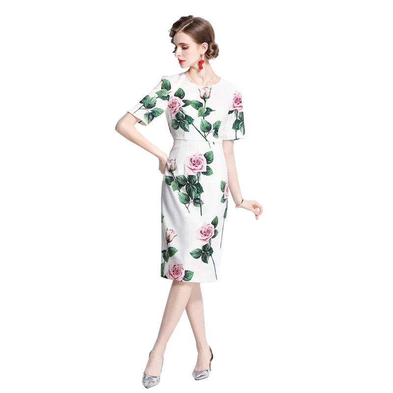 

Vestido De Mujer Fiesta 2021 New Summer Women Floral Dress Short Sleeve O-Neck Rose Print Elegant Office Formal Lady Midi Dress