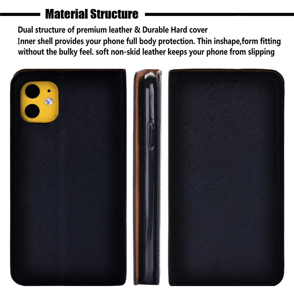 

Magnetic Leather Wallet Flip Phone Case for IPhone 11/6.1 2019 Black Leather Pu Anti-fall Protective Shell Case