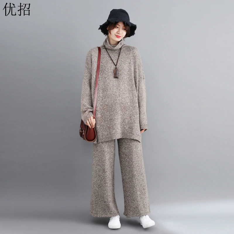 

Plus Size Knitted 2 Piece Set Women 5XL 6XL Loose Long Sleeve Crop Tops And Long Pants Winter Cotton Solid Color Sweater Outfits