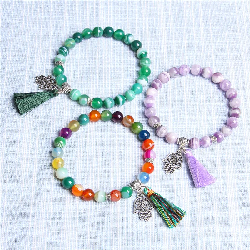 

Charm Bracelets Natural Stone Bracelets Women Hand of Fatima Hamsa Hand Charm Bracelet for Girls Tassel Bracelet Femme Jewelry