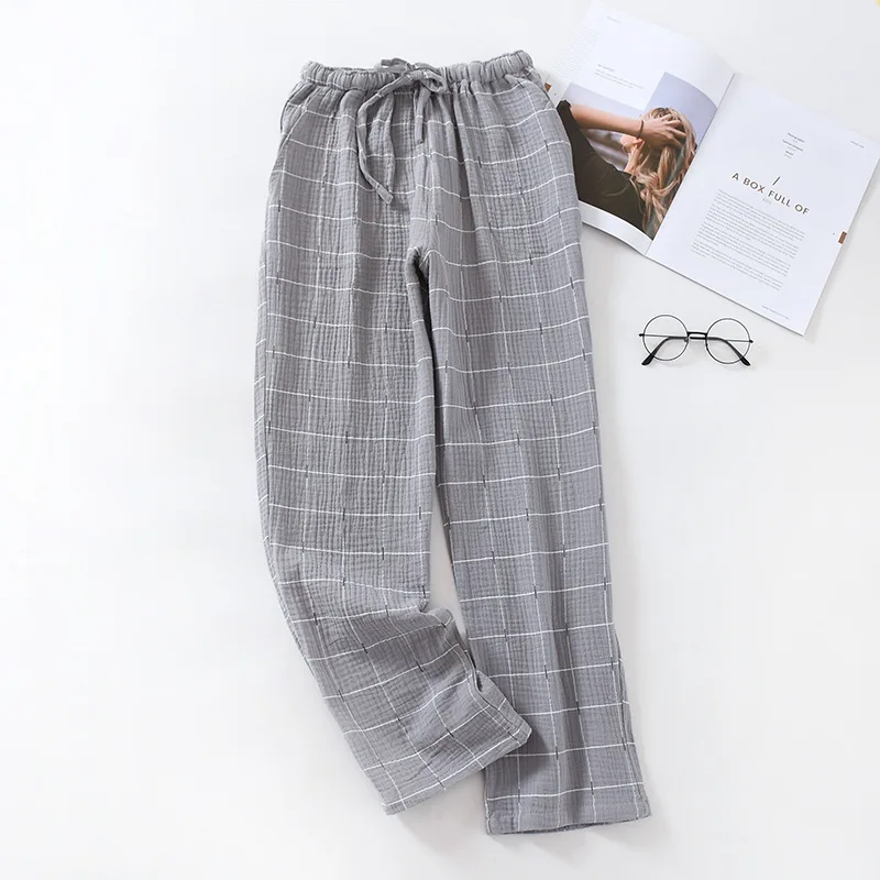 Summer Cotton Gauze Sleep Bottoms Men Simple Plaid Sleepwear Pants For Male Casual Spring Loose Women Long Pants Home Trousers