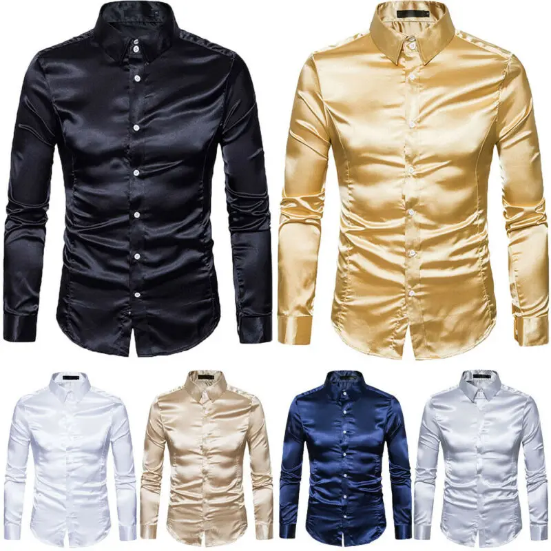 

Mens Shiny Silk Feel Satin Shirts Gentlemen Smart Casual Business Solid Shirt Tops