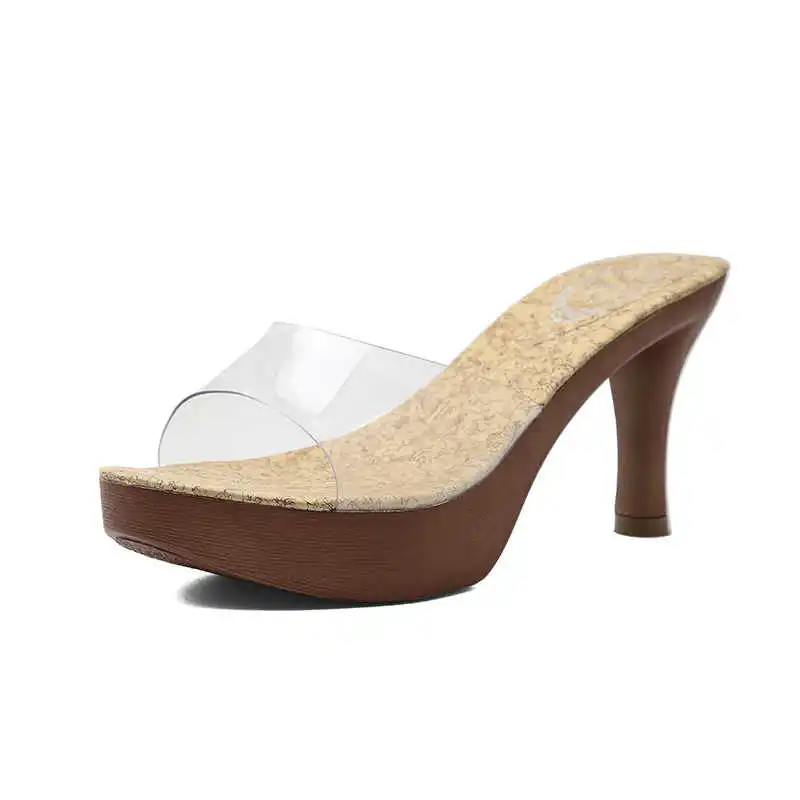 

Transparent sandals women's 2021 summer new Korean thick soled high heel sexy one line beach slippers with crystal