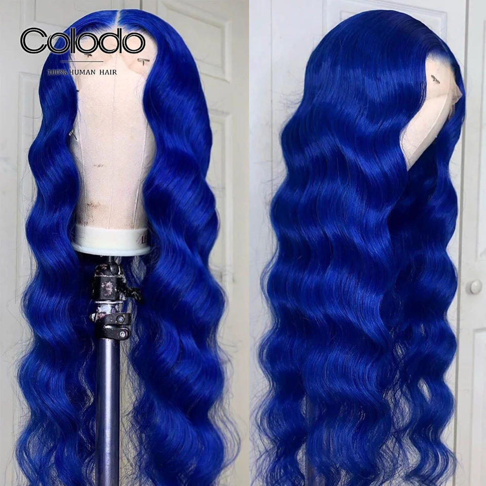 Женский парик из натуральных волос с голубыми кружевами в бразильском