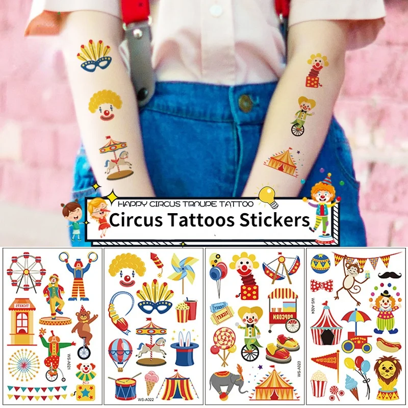 

10pcs Circus Temporary Tattoos Stickers for Kids Waterproof Cute Tattoo Decorations Birthday Party Favor Supplies Decoration