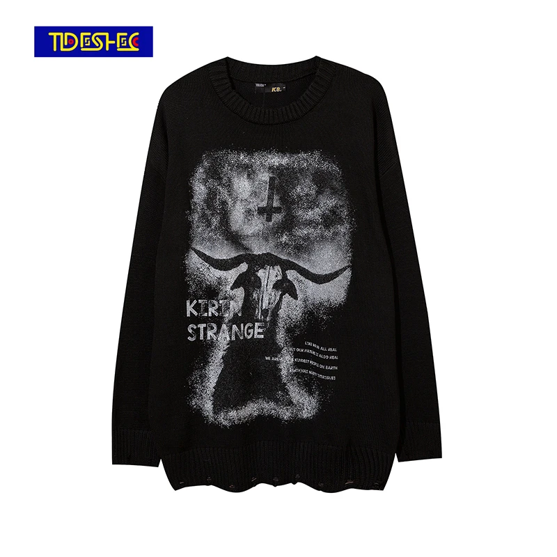 Мужской свитер в стиле хип-хоп Харадзюку вязаный панк готика с принтом виде рогов