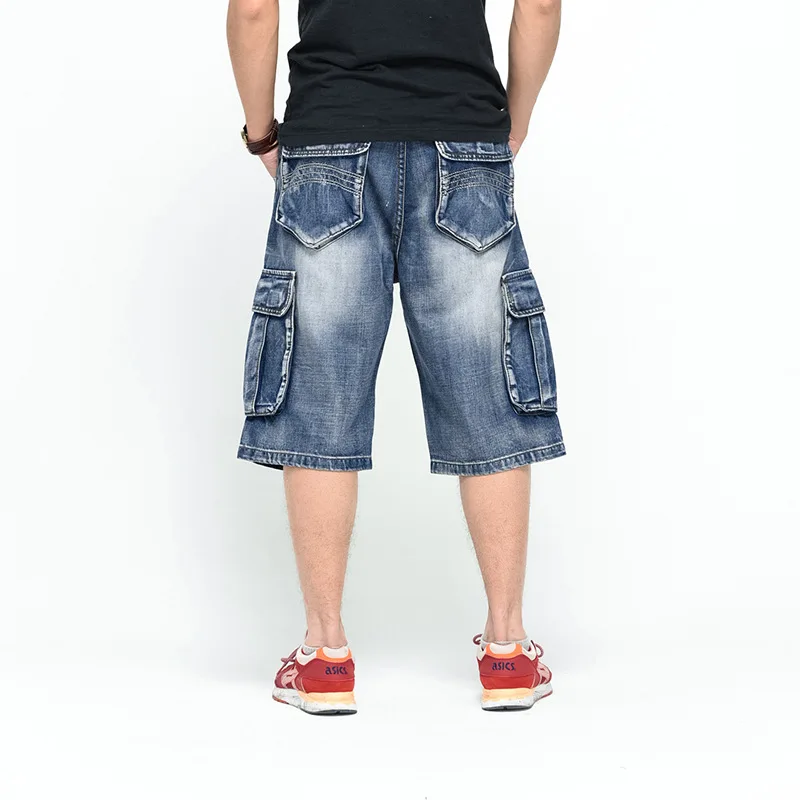 

Long Short Man Vintage Denim Shorts Men Washed Mens Casual Shorts Streetwear Loose Male Bermuda 3/4 Length Side Pocket Big Size