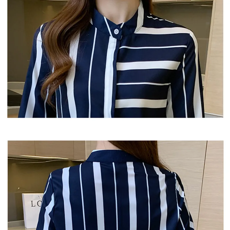 

Blue Striped Women's Shirt Autumn Blouses for Women Long Sleeve Tops Women Polo Neck Asymmetric Clothing Woman 2021 Basic Shirts