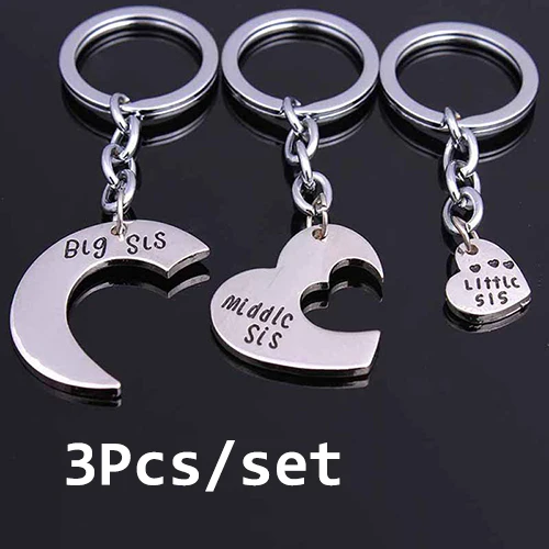 

3 Pcs Family Big Mid Lil Sis Metal Sister Love Heart Keychain Gifts Keyring Charm Women Best Friend BFF Jewelry Bag Accessories
