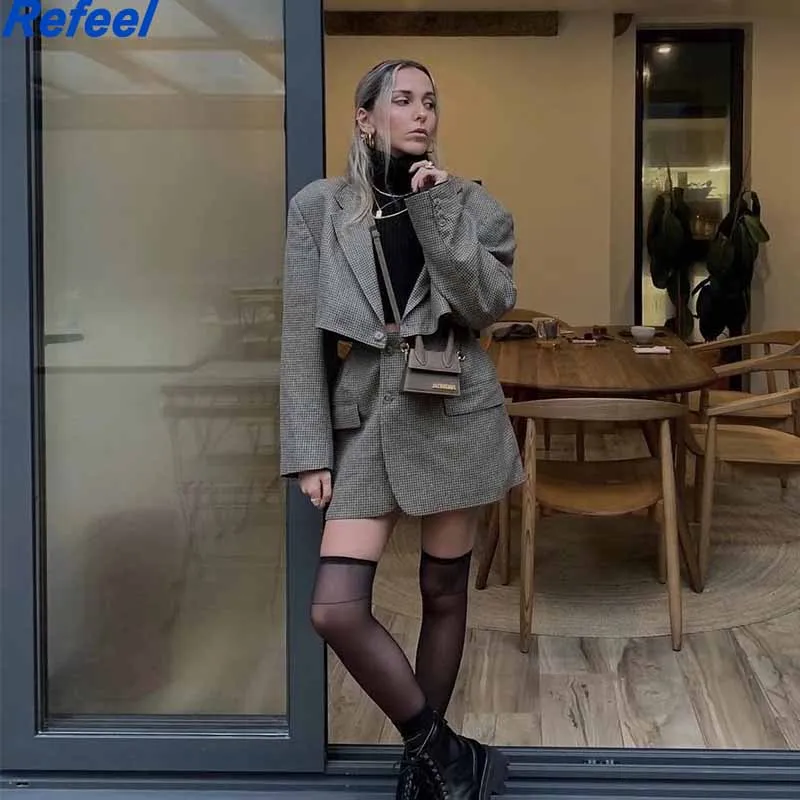 

ZA Women's Blazers Jackets Office Formal Blazers Long Sleeve Paper Clip Decorate Plaid Print Woman 2021 Short Coats Mujer