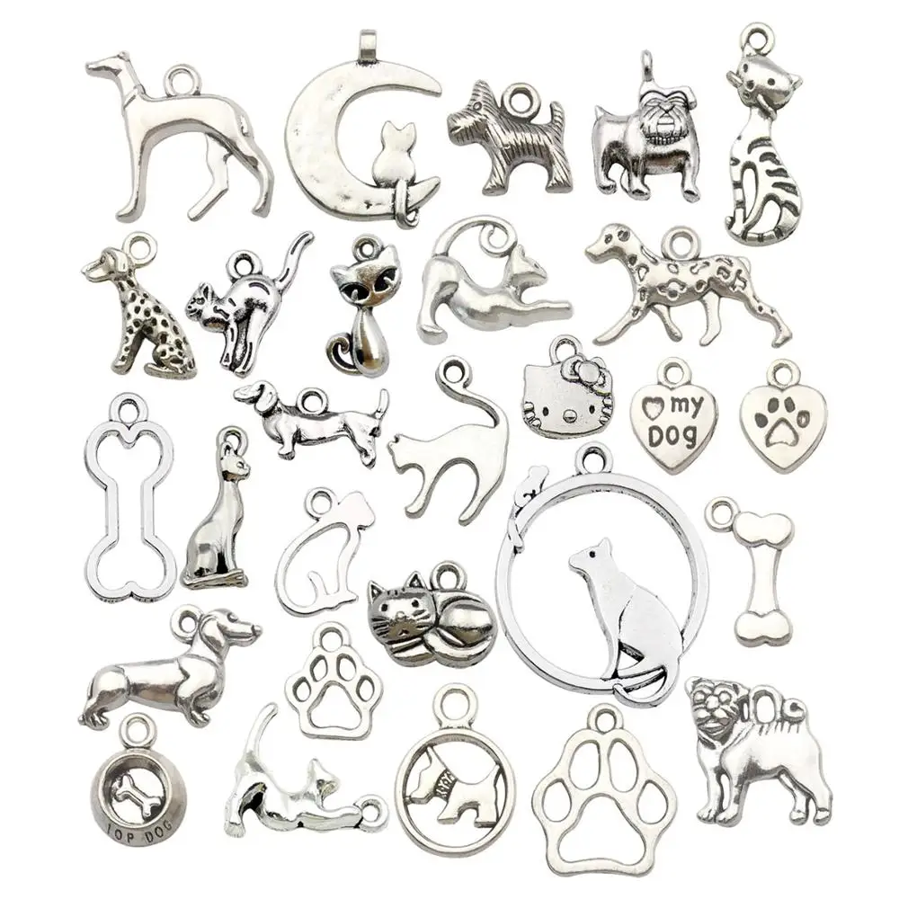 Оптовая продажа 80 шт Серебряные смешанные стили кошек и собак Подвески ручной