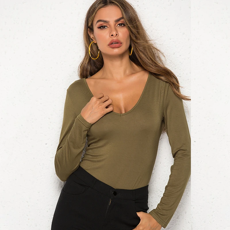 

New Women Long Sleeve V Neck Bodysuits Jumpsuit Leotard Tops Stretch Solid Casual Body Femme Fall Winter Womens Clubwear