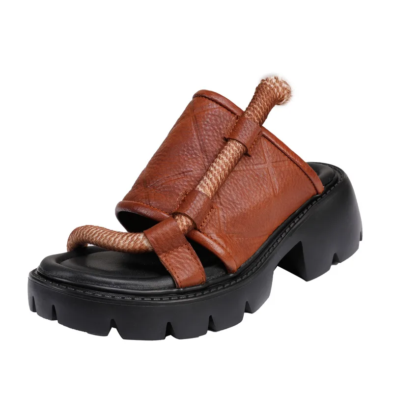 

Genuine Leather Summer Shoes Women Slippers 2021 New Woman Outside Designer Slides Wedges Handmade Retro Concise Ladies Silppers