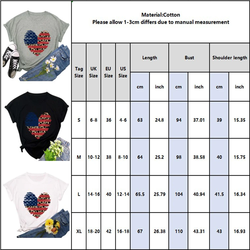 

Women's Cotton National Flag Love Leopard Print Color T-Shirt Harajuku Tops Summer Tops Graphic Tees Clothes Girl T Shirt D30