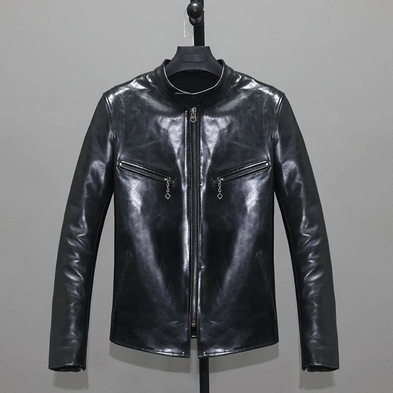 

Жесткая и тяжелая куртка из воловьей кожи растительного дубления верхний слой Мужская облегающая короткая яркая повседневная куртка с вор...