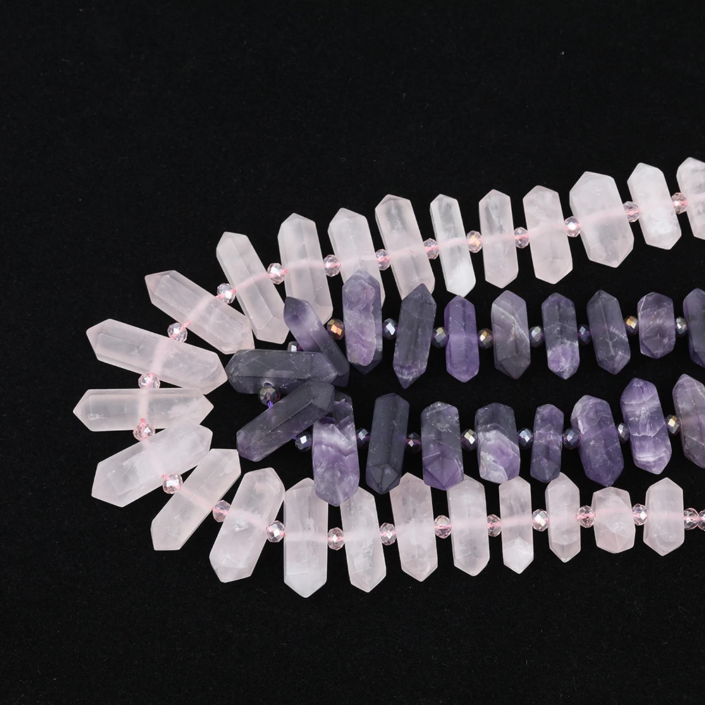 

Approx 25pcs/strand Matted Natural Amethysts Pink Quartz Stone Double Point Loose Beads For DIY Necklace Jewelry Maing