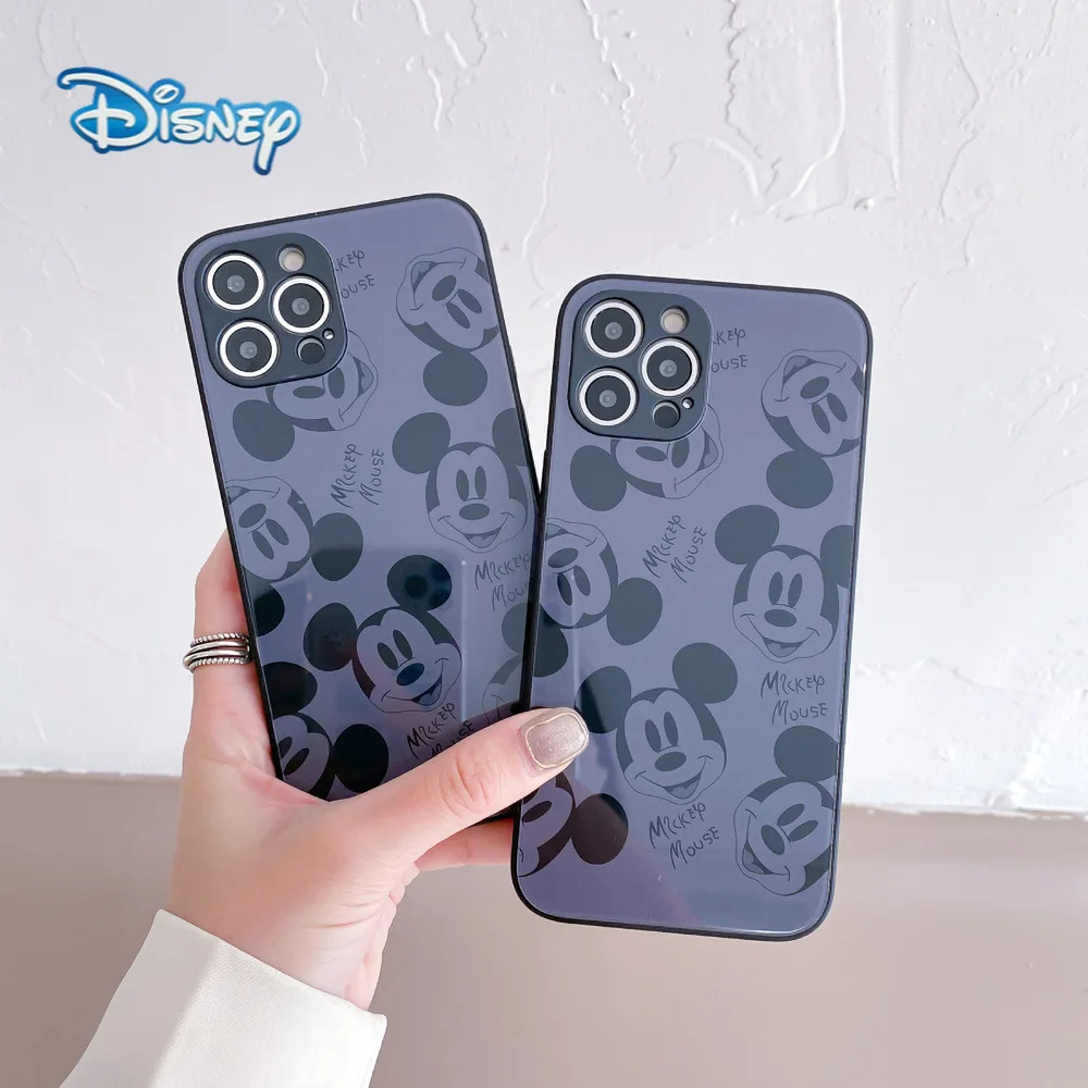 

Disney Tempered Glass Cartoon Phone Case for iPhone 13 13Pro 12 12Pro 11 Pro X XS MAX XR 7 8 Plus Cute Anti-Fall Black Cover