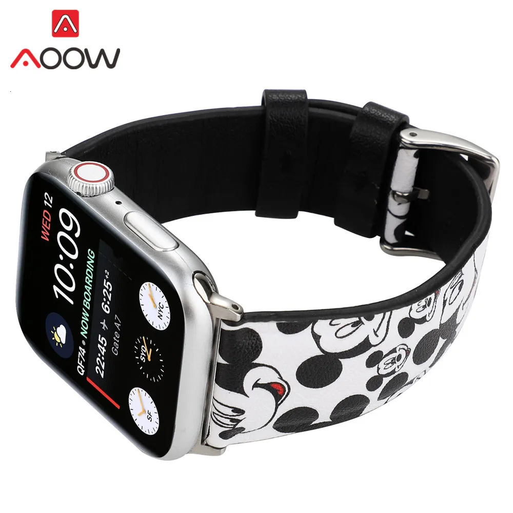 Кожаный ремешок для часов с мультяшным принтом для Apple Watch 40 мм 44 мм 38 мм 42 мм Микки браслет с подвеской в виде мыши ремешок для iWatch 1 2 3 4