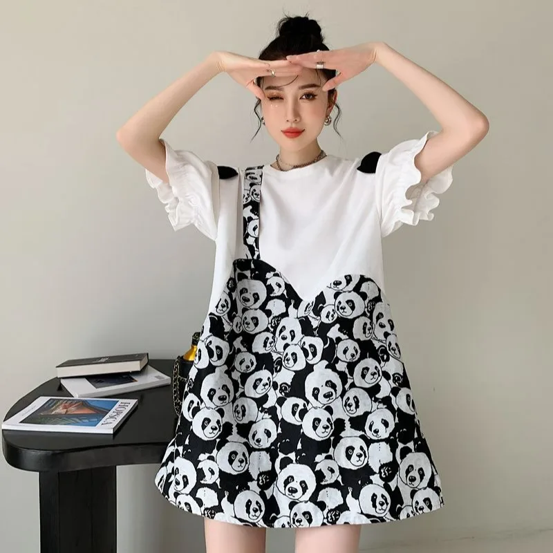 

Cute Panda Jacquard Short Sleeve Dress 2021 Summer New Loose Casual Round Neck T-shirt Skirt Female Streetwear Chic Dress