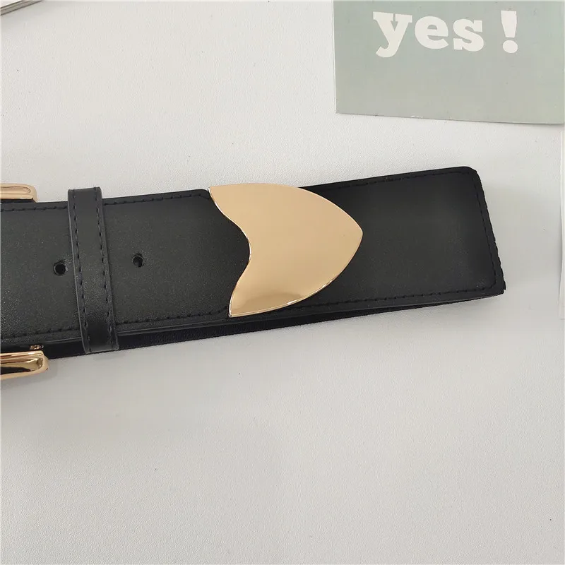 

Women PU Wide Belt Gold Square Pin Buckle Waist Strap Black Elastic All-Match Fashion Decorative Dress Skirt Tunic Waistbands