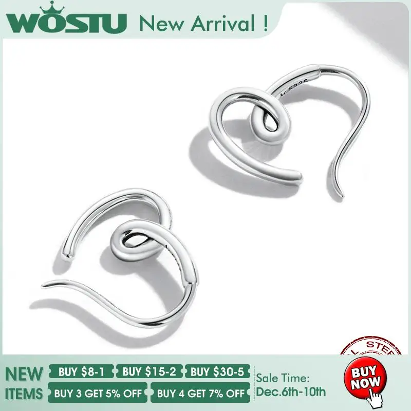 

WOSTU 100% Real 925 Sterling Silver Simple Heart Dangle Hook Drop Earrings For Women Birthday Jewelry Lady Ear Studs FIE1333