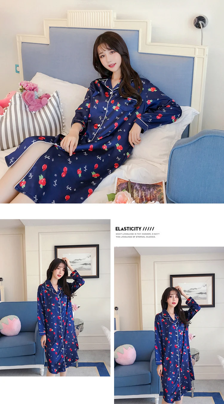 

WAVMIT 2020 Summer Autumn Silk Womens Sleepwear Sexy Sleepshirt Long Print Ladies Nightgown Young Girl Outwear Nightdress Party