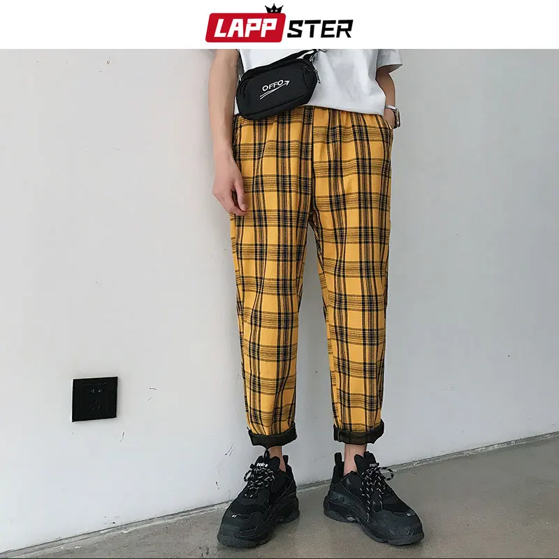 LAPPSTER Japanese Streetwear Yellow Sweatpants 2022 Mens Casual Straight Plaid Pants Male Korean Harajuku Joggers Pants 5XL