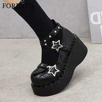 foreada ankle strap gothic shoes platform round toe pumps wedges high heels star buckle strap female footwear autumn black 34 43