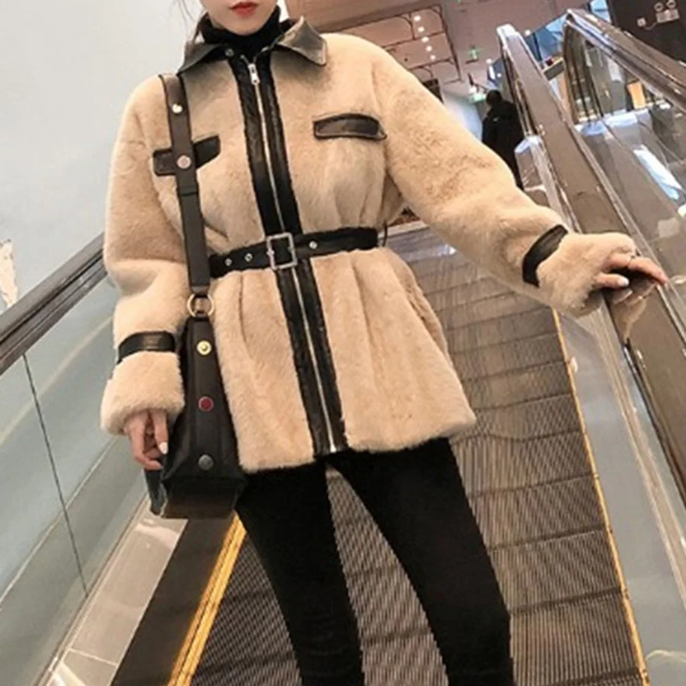 Lamb Fur Coat Teddy Cozy Warmness Thick PU Leather Mink Cashmere Jacket Autumn Winter Fashion Office Ladies Outerwear |