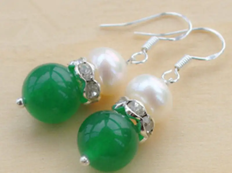 + Красивые натуральные 10 мм зеленые нефритовые белые жемчужные 925 пробы