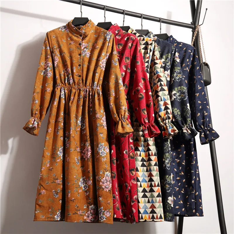 

Vintage Stand Collar Corduroy Dress Women Long Sleeve Party Dress Autumn Winter Floral Casual High Elastic Elegant Dresses Women