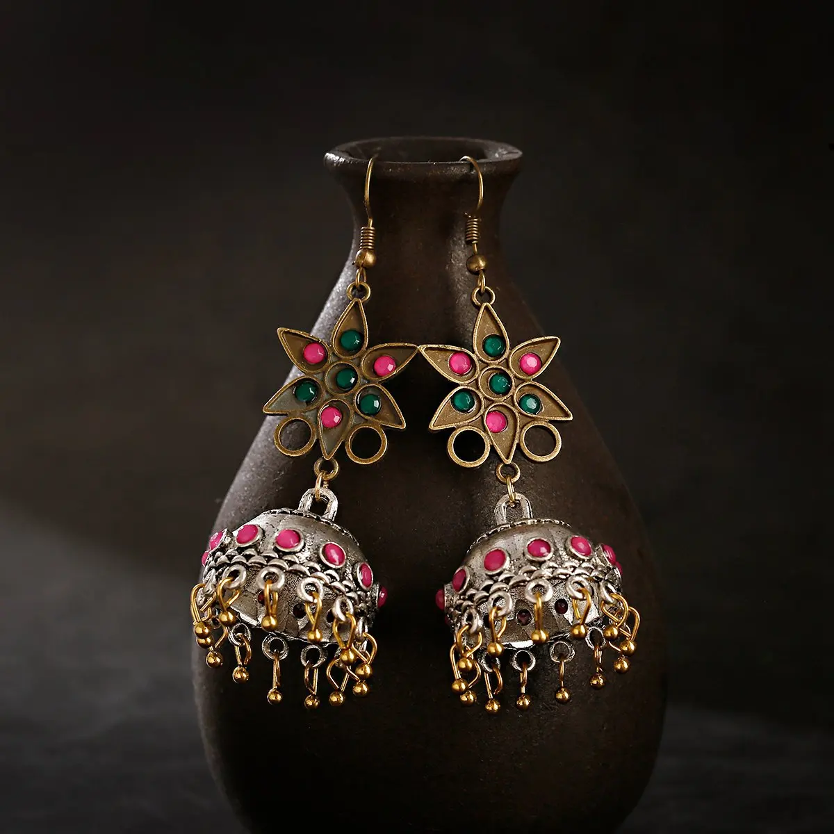 

Bollywood Oxidized Gypsy Flower Shape Tassel Dangle Earrings For Women Vintage Inlay Stone Beads Drop Earring Indian Jewelry