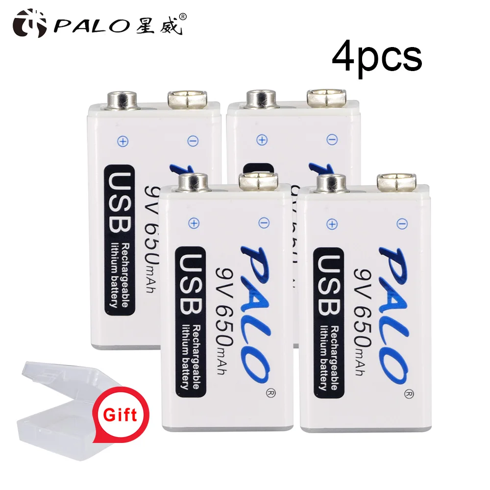 PALO 9V USB перезаряжаемые литиевые батареи батарея 650mah 9v bateria usb для рации Домашний Массажер металлический обнаружитель - Цвет: 4pcs