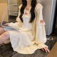 cute princess style lace bow pure cotton nightdress long sleeved pajamas for women fall home wear outer wear spring and autumn