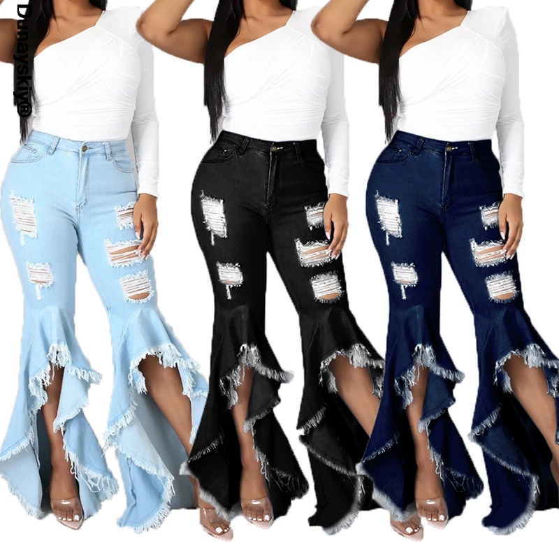 

2021 New Stylish Sexy Jeans Dark Blue Fashion Casual Solid Ripped Asymmetrical High Waist Regular Jeans
