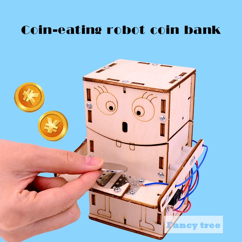

Science Tecnologia Wooden can Paintable Double switch combination Coin-eating robot diy kit steam Toy For student