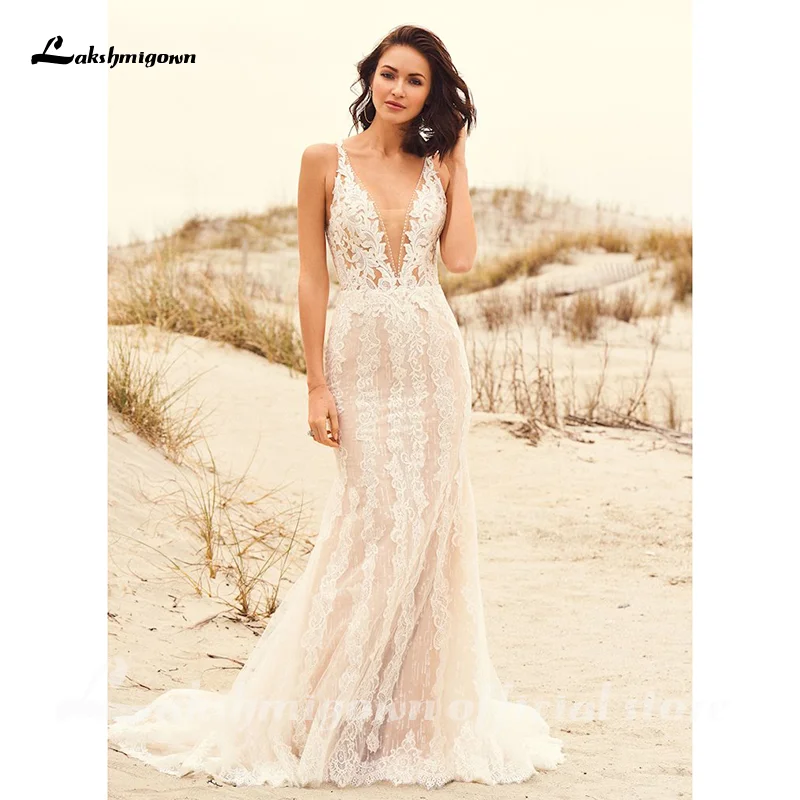 

Lakshmigown Mermaid Wedding Dresses Lace Spaghetti Strap Soft Tulle Backless Bridal Gowns Sleeveless Bride dress with Train