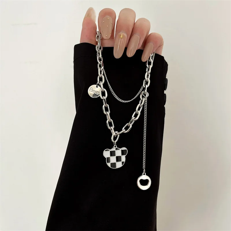 

Trendy Elegant Black White Bear Choker Necklace For Woman Sliver Multi layer Pendant Neckalces Jewelry Party Fashion Accessories