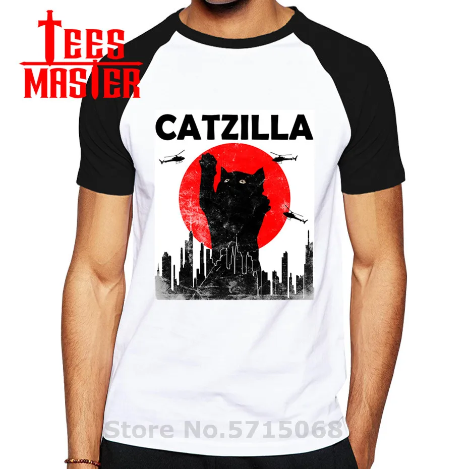 Newest Catzilla T Shirt Japanese Sunset Style Cat Vintage Kitten Lover Gift Tshirt Crewneck Soft Black Harajuku Cotton Tops Tees | Мужская