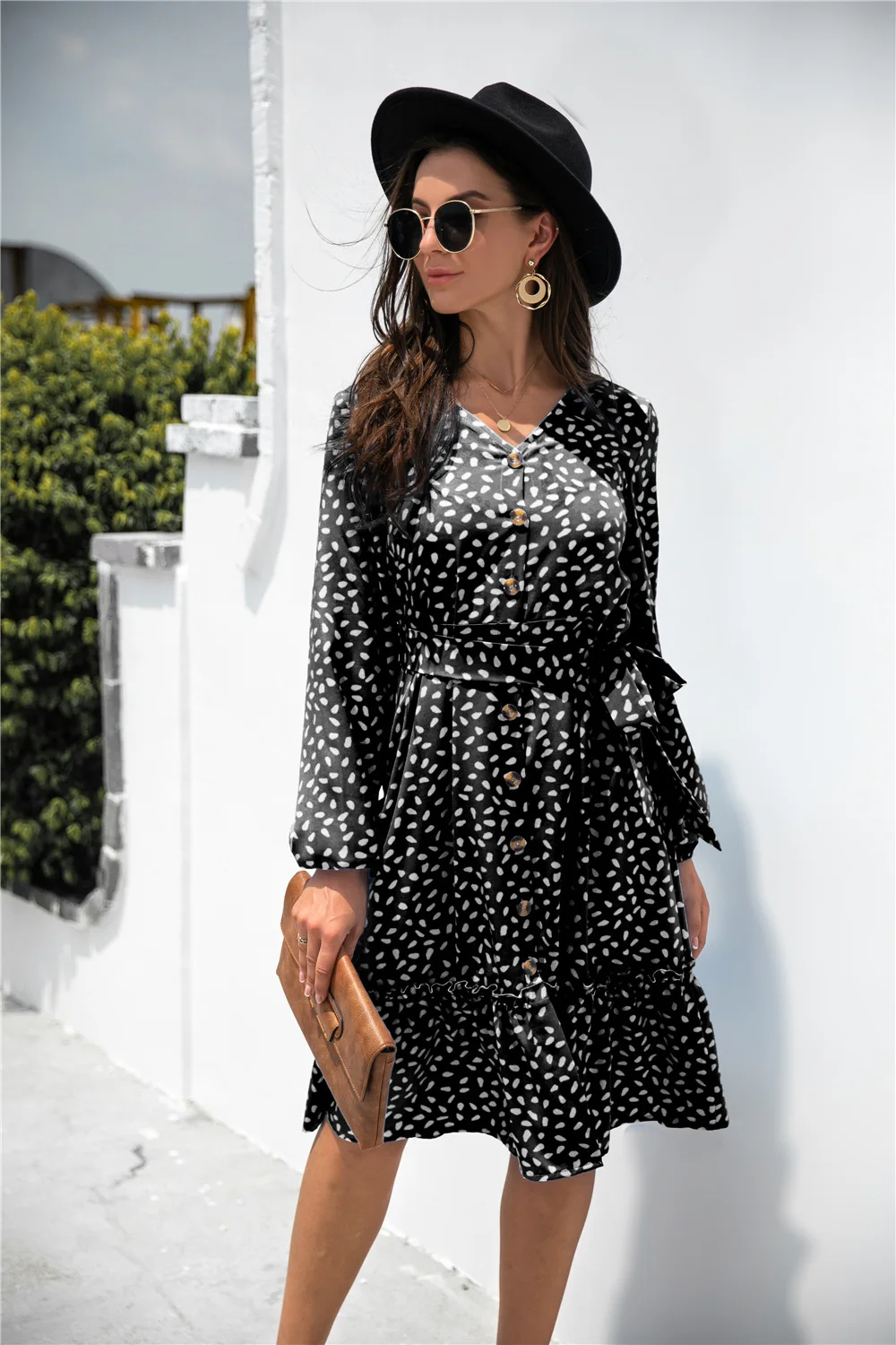 

Women Spring Autumn Dot Print A-Line Dresses Single-Breasted Ruffles V-Neck Long Sleeve Slim Dress For Woman Robe Femme Vestido