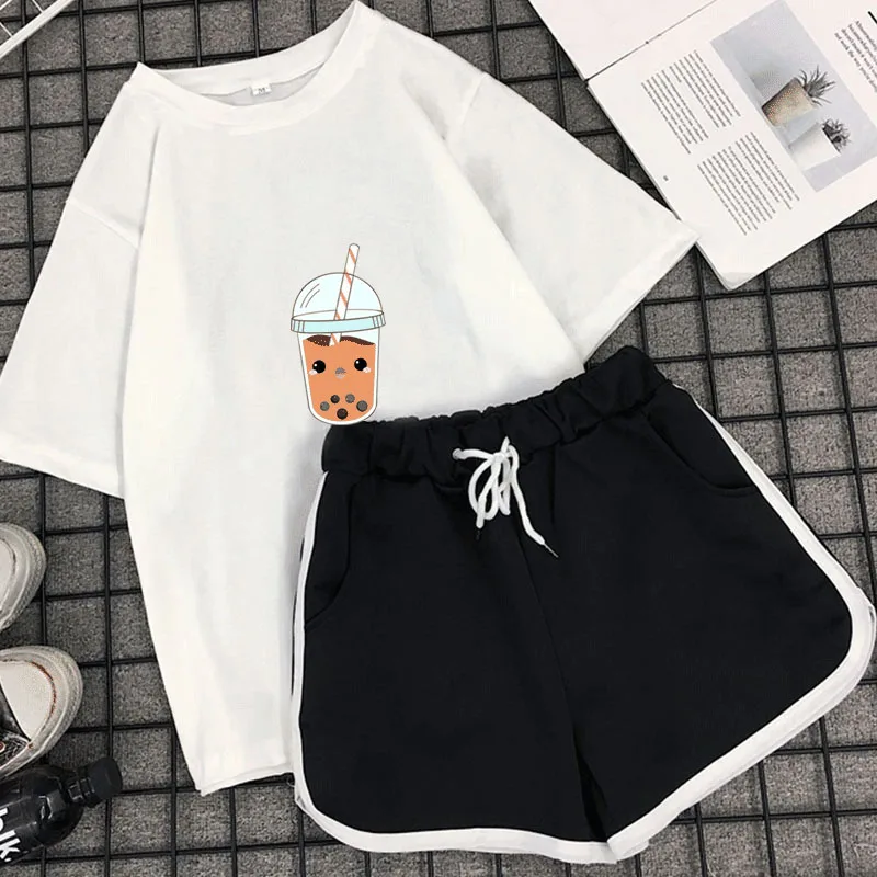 

Женский спортивный костюм из 2 предметов, повседневная Милая футболка с коротким рукавом и черные шорты, женский летний костюм для бега, 2020