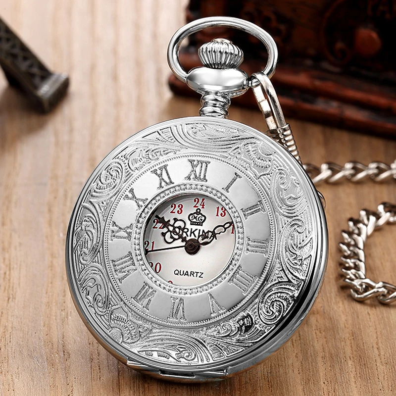 Retro Roman Numerals Hand Wind Mechanical Pocket Watch FOB Chain Steampunk Skeleton Hollow Case Vintage Pendant Necklace Men