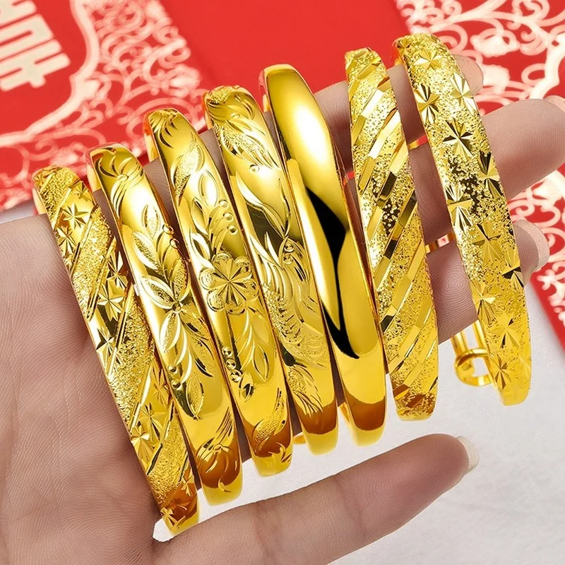 

Sand Gold Bracelet for Women Electroplating 24K Gold Color Non-fading Push-pull Adjustable Printing Imitation Gold Bracelet