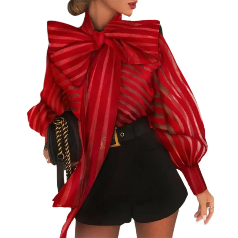 

Женская Повседневная мешковатая блузка, летняя Новинка 2021, рубашка с большим бантом, Модный женский топ в полоску с сеткой и длинным рукавом