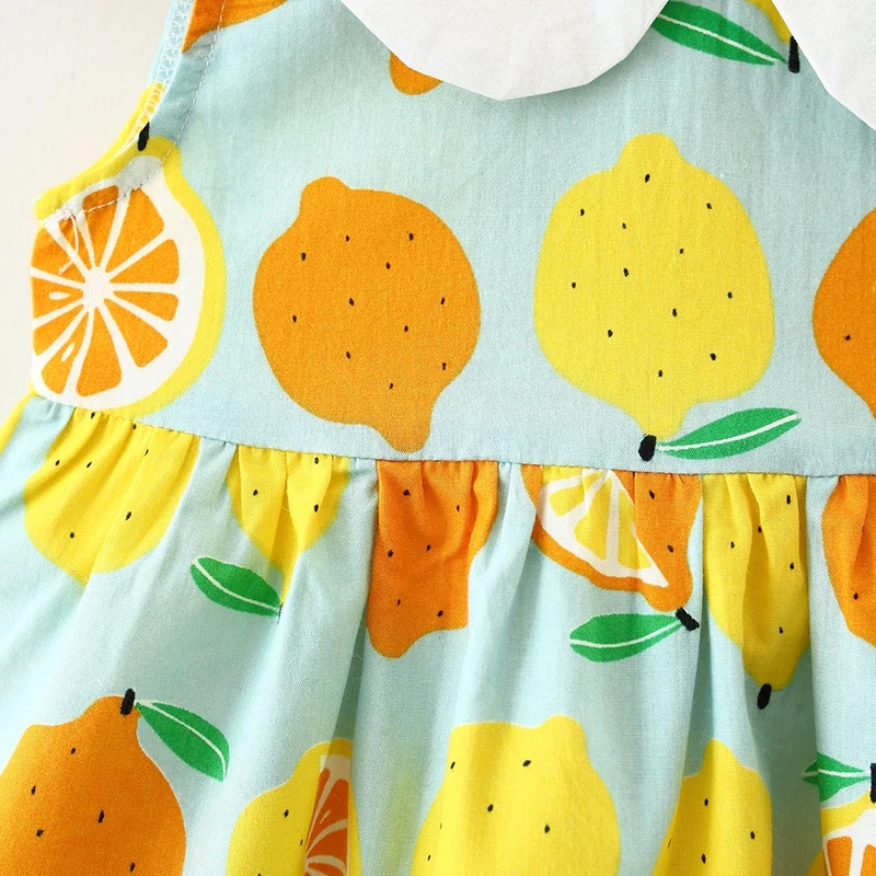 

Kids Long Sleeve Dresses Girls Flower Printed Princess Dress Summer Children Clothing Doll Collar Lemon Skirt With Hat Yellow
