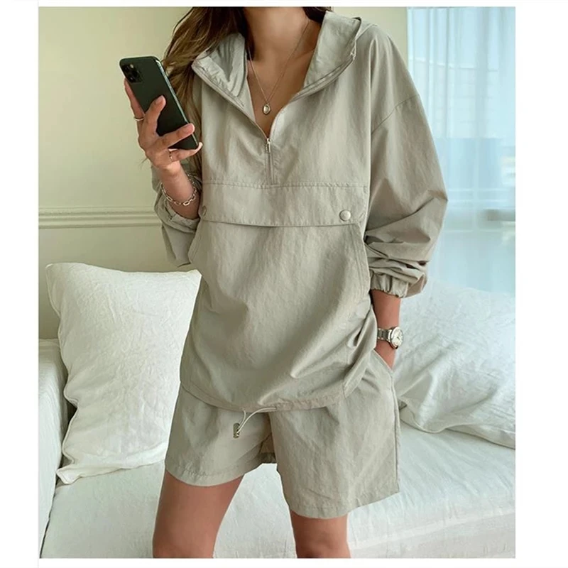 Primavera Verano chándal de las mujeres traje de 2 piezas conjunto con capucha sudaderas con capucha de manga larga y Shorts informales para mujer