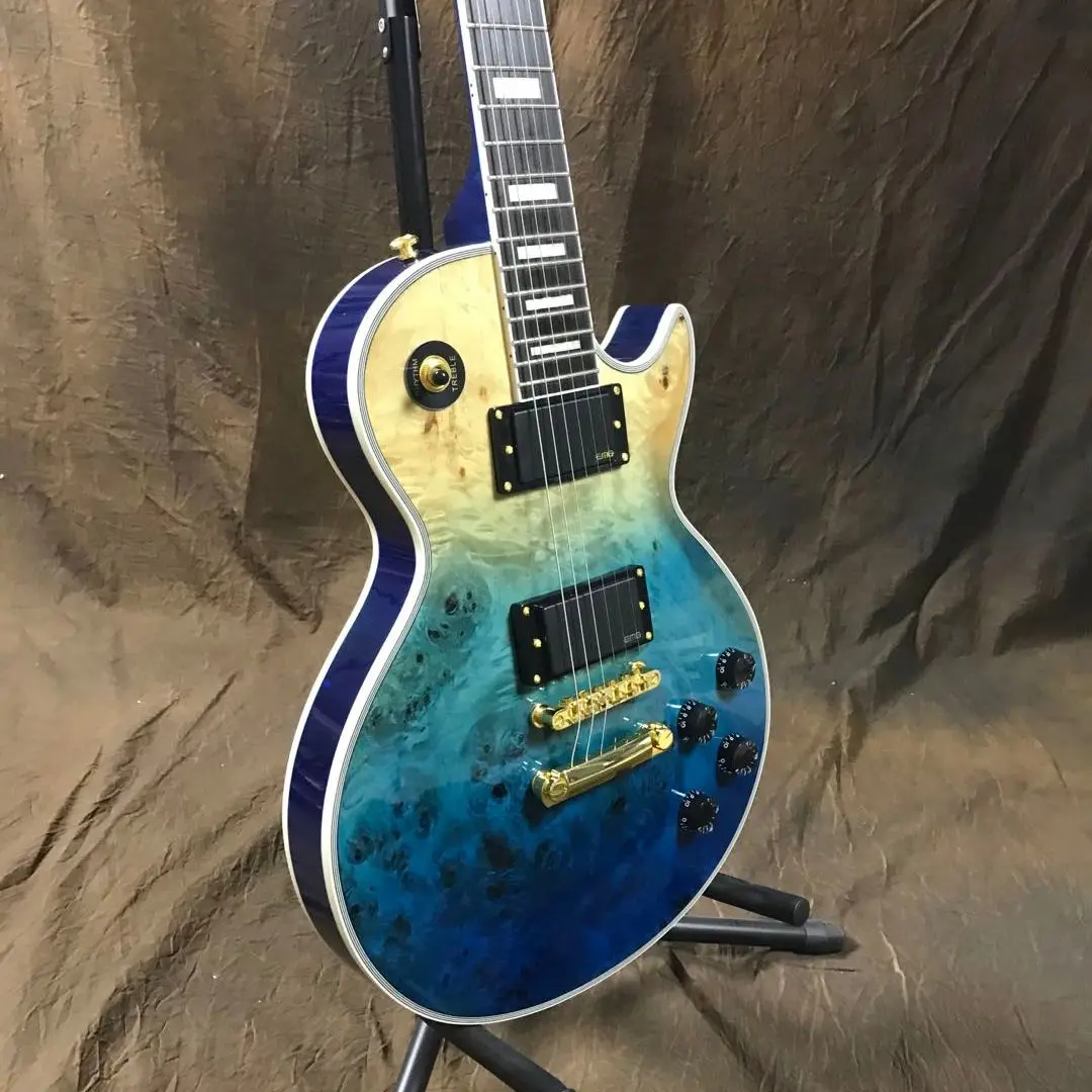 New Arrival Classical Navy Blue Sunburst Burl Top LP Custom Guitar Gold Hardware Free Shipping