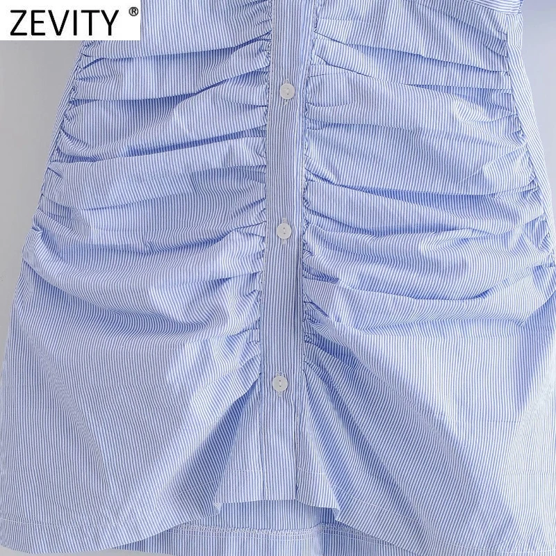 

Zevity Women Fashion Puff Sleeve Single Breasted Pleated Shirt Female Casual Slim Business Blouse Roupas Chic Blusas Tops LS9287