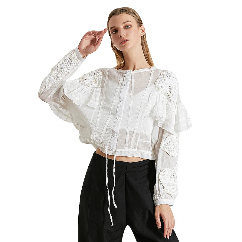 TWOTWINSTYLE Ruffle Hollow Shirts For Women O Neck Perspective Bowknot Lace Up Shirt Blouse Female Autumn Fashion New